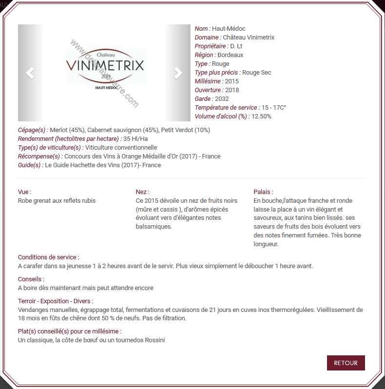 Registered winemaker's wine sheet